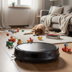 Busy homeowner juggling toys while a sleek robot vacuum cleans with natural light illuminating the living room.