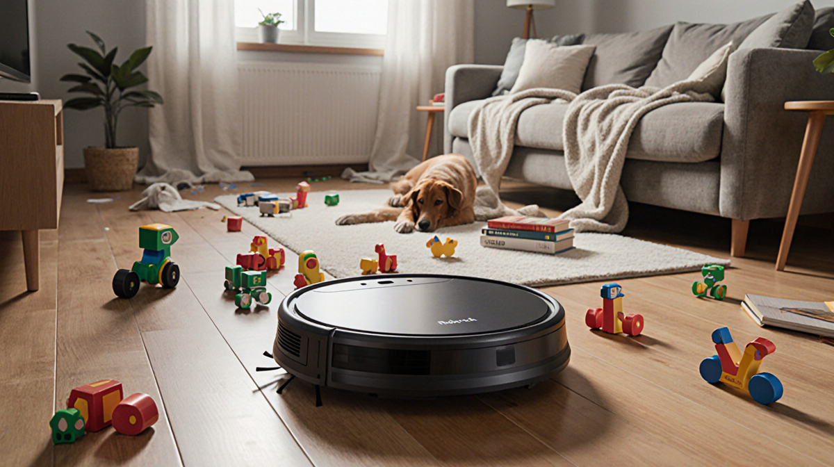 Busy homeowner juggling toys while a sleek robot vacuum cleans with natural light illuminating the living room.
