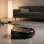 Roborock vacuum cleans modern living room with glowing display and spotless floor showing cleanliness