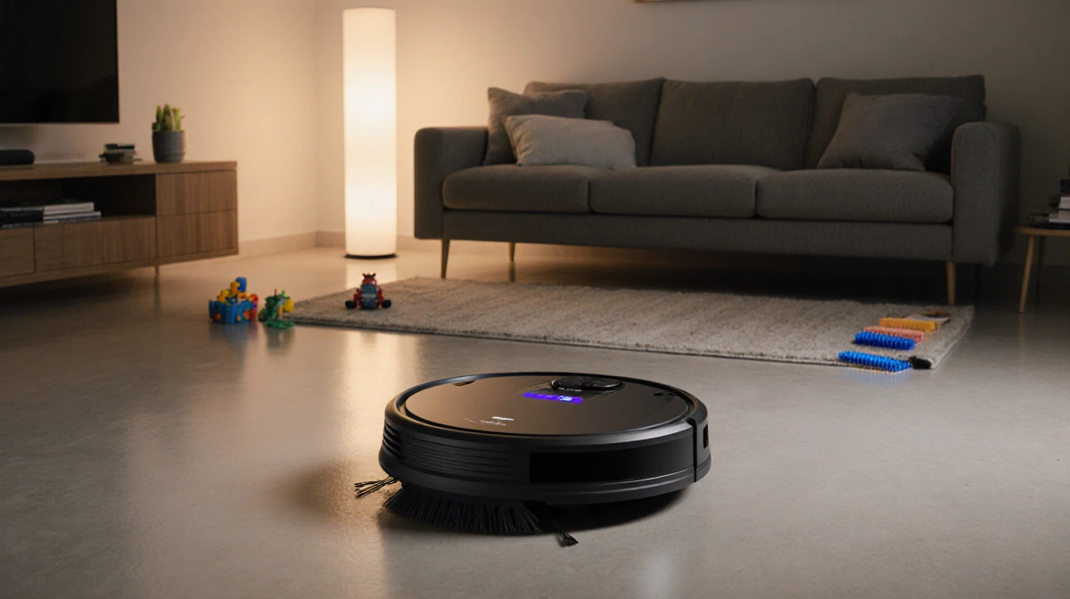 Roborock vacuum cleans modern living room with glowing display and spotless floor showing cleanliness