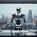 Robot stands at desk with papers and stock graphs showing city skyline through window