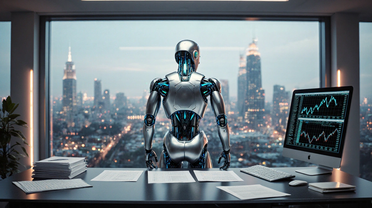 Robot stands at desk with papers and stock graphs showing city skyline through window
