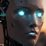 Robot lip-syncing with waveform emanating from speaker against dusk cityscape