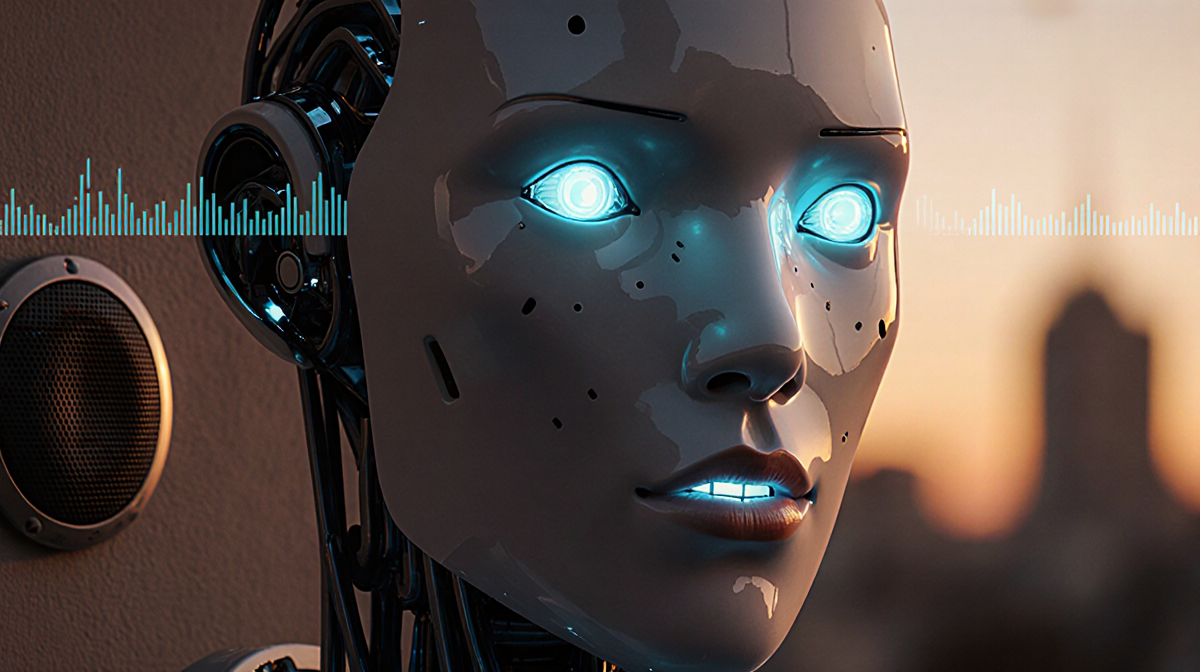 Robot lip-syncing with waveform emanating from speaker against dusk cityscape