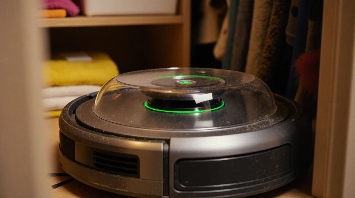 Robot vacuum sits on cleaning supplies with transparent dome showing hardwood carpet and pet hair modes