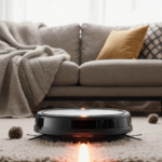 Robot vacuum rests on low‑piled couch with dust bunnies and a glowing suction path.