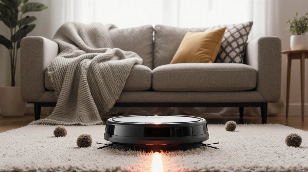 Robot vacuum rests on low‑piled couch with dust bunnies and a glowing suction path.