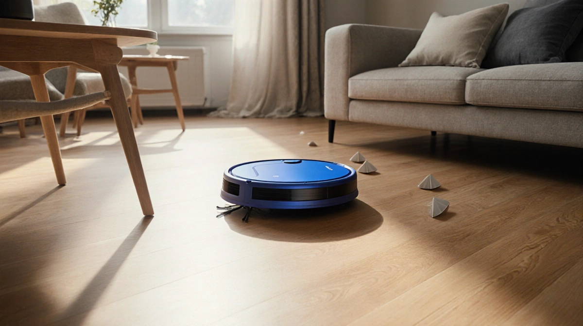 Robot vacuum gliding across hardwood floor with blue design and natural light from window showing clean living space