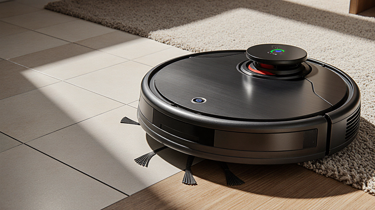 Robot vacuum cleaner climbs over a carpet with live view display and navigation turret mapping the room.