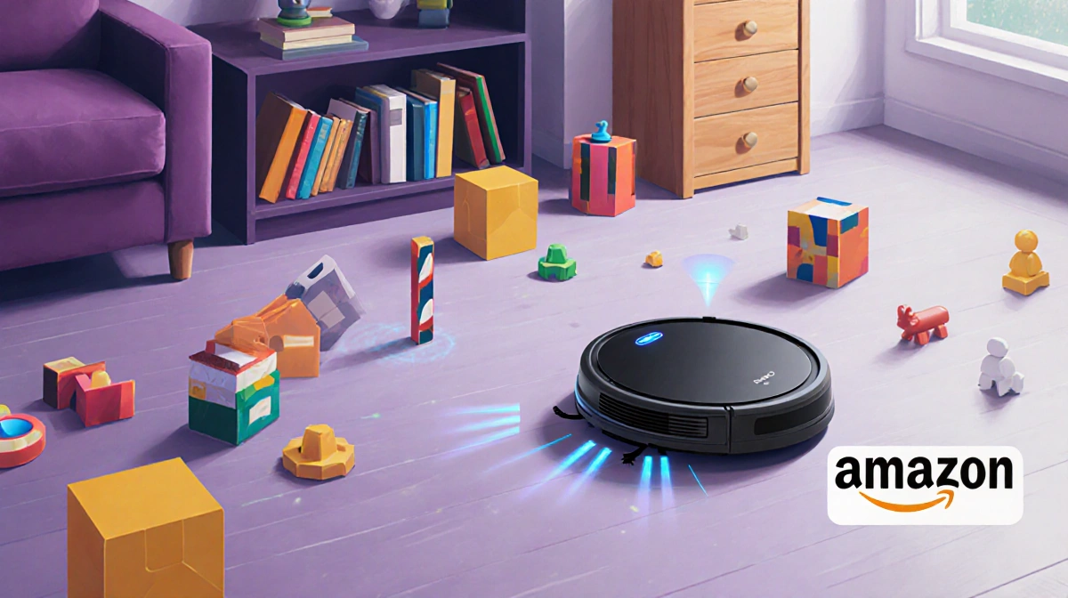 Robot vacuum navigating cluttered room with books and toys while sensors glow showing smart navigation