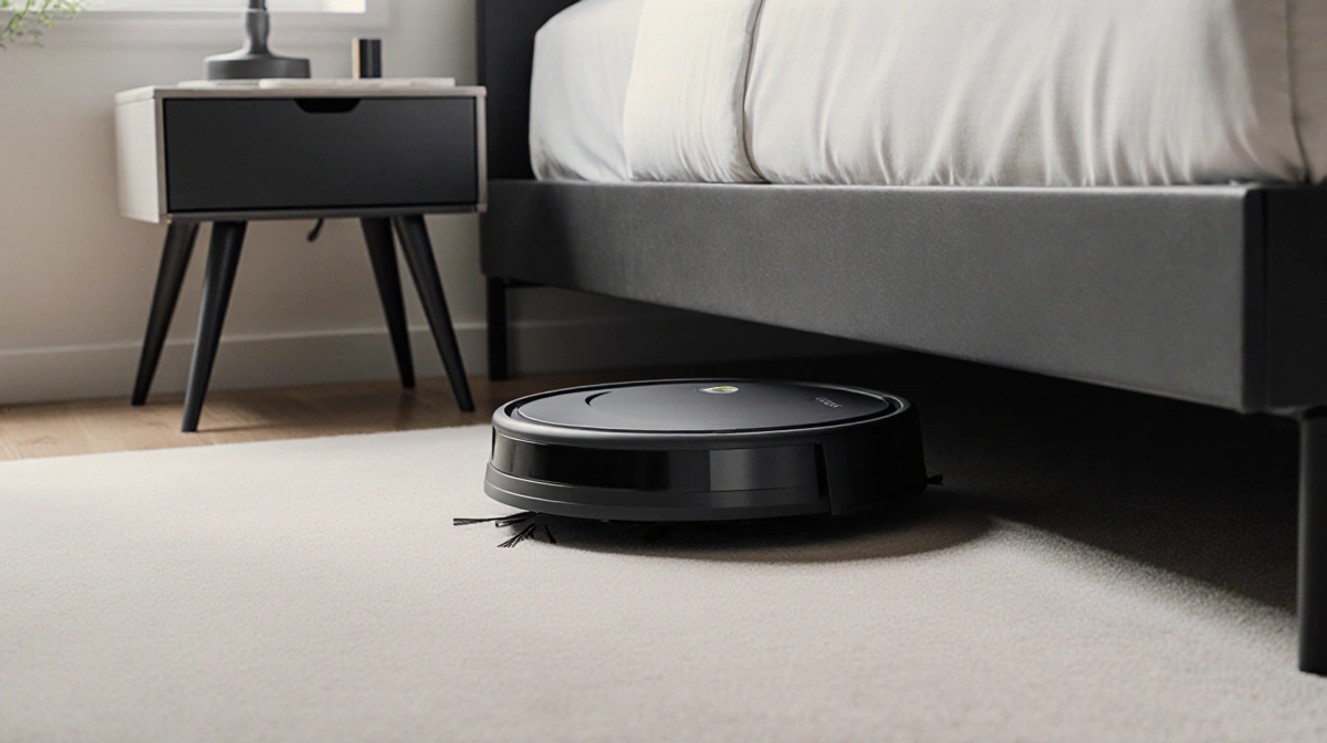 Robot vacuum gliding under a modern bed with sleek furniture and window in the background
