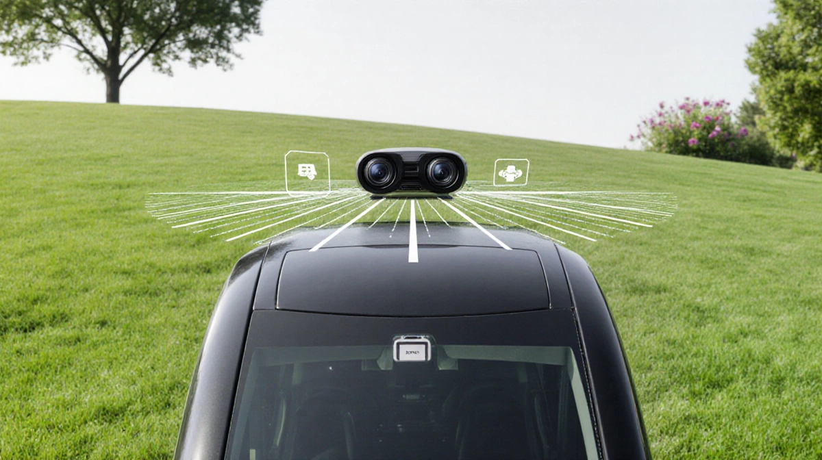 Autonomous lawn mower with roof-mounted lidar sensor and dual cameras scanning yard with grid lines showing grass and obstacl