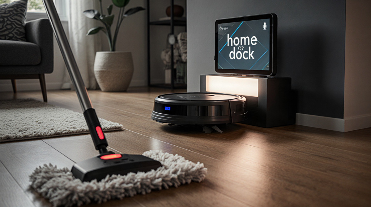 Robotic vacuum moving toward dock with glowing screen lighting path and subtle motion blur