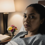 Rochelle DeAnna McLean sits in a hospital bed with warm bedside lamp and determined look beside an open book.