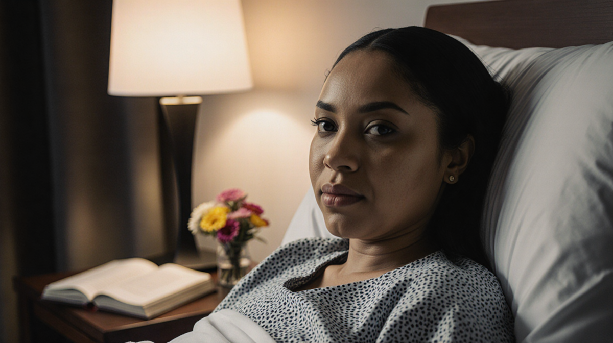 Rochelle DeAnna McLean sits in a hospital bed with warm bedside lamp and determined look beside an open book.