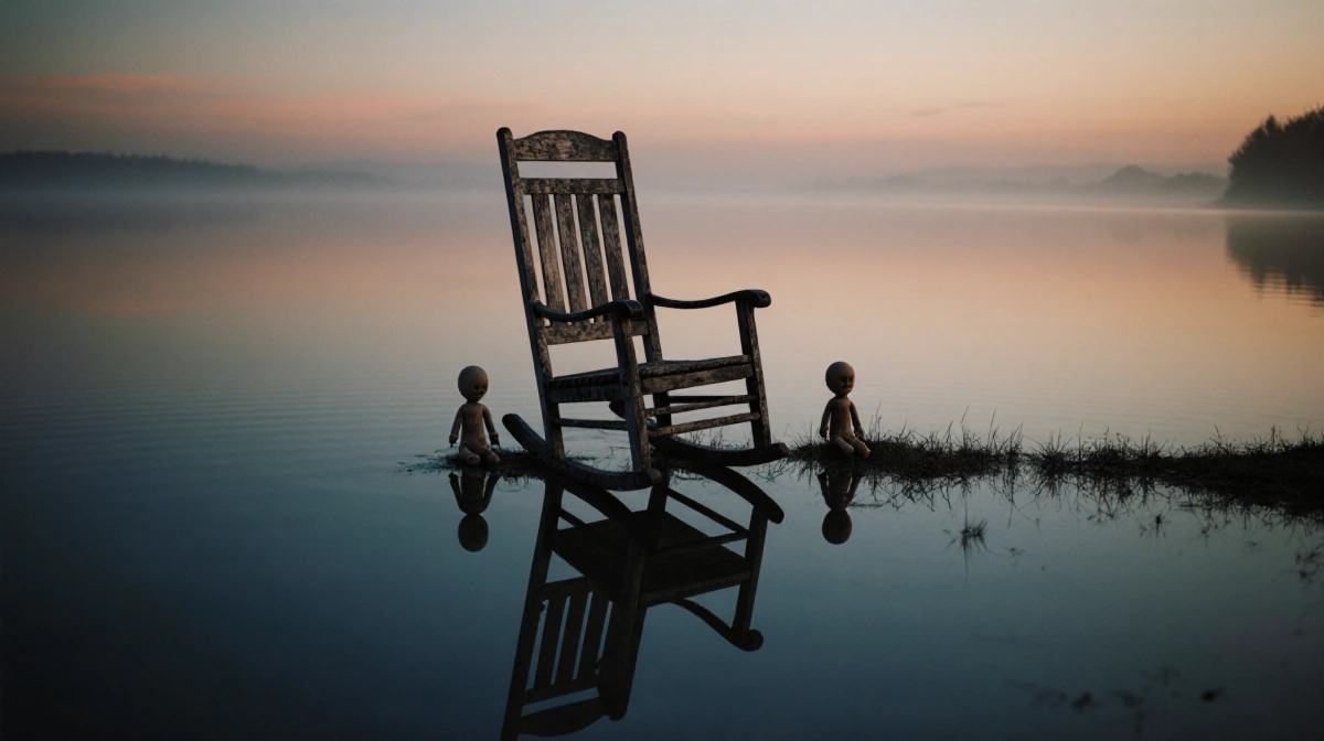 Worn wooden rocking chair stands on still lake shore with two faceless dolls and dusk sky reflecting in water