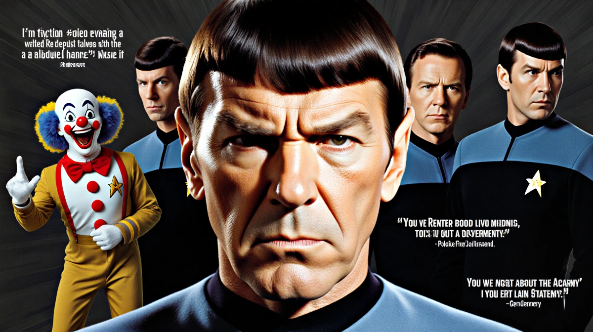 Gene Roddenberry frowning at camera with Police Academy clowns and comedy elements behind him