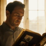 Roger Fisher holding a worn‑out photo album with warm yellow background and window light eyes downward in nostalgia.