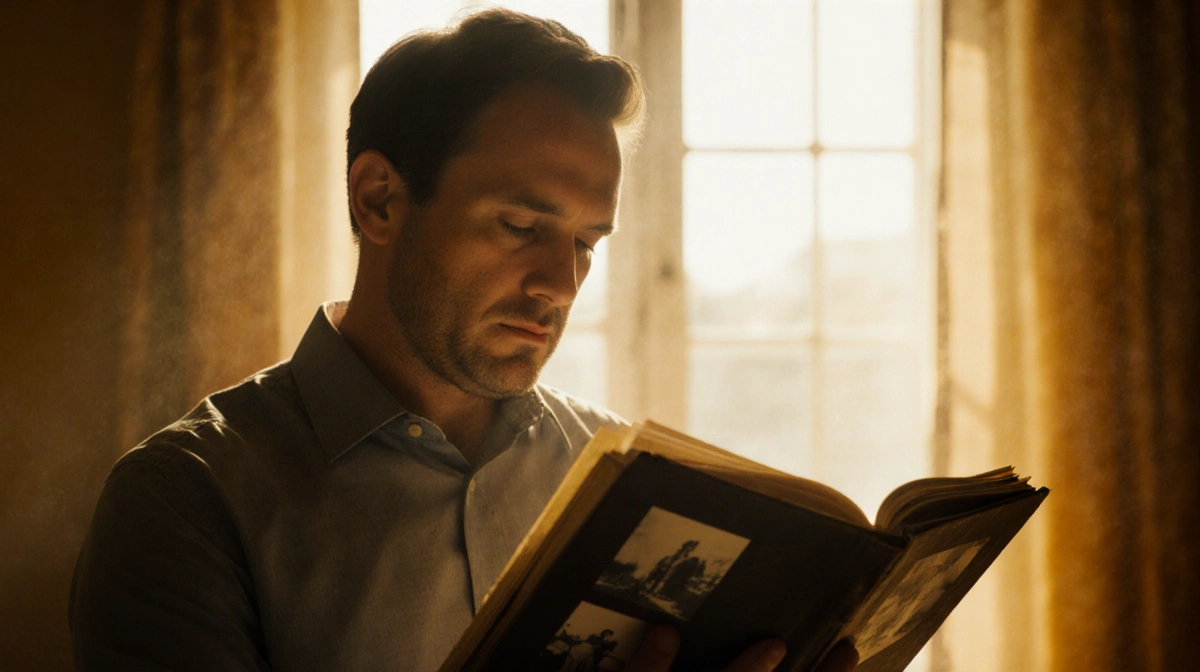 Roger Fisher holding a worn‑out photo album with warm yellow background and window light eyes downward in nostalgia.
