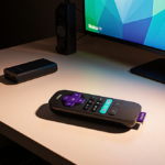 Roku device sits on a minimalist desk with a colorful background and a wireless remote nearby