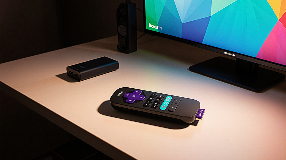 Roku device sits on a minimalist desk with a colorful background and a wireless remote nearby