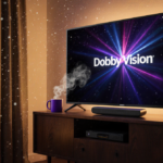 Roku Pro Series TV displaying 4K cinematic movie with warm fireplace glow and steaming cocoa on side table