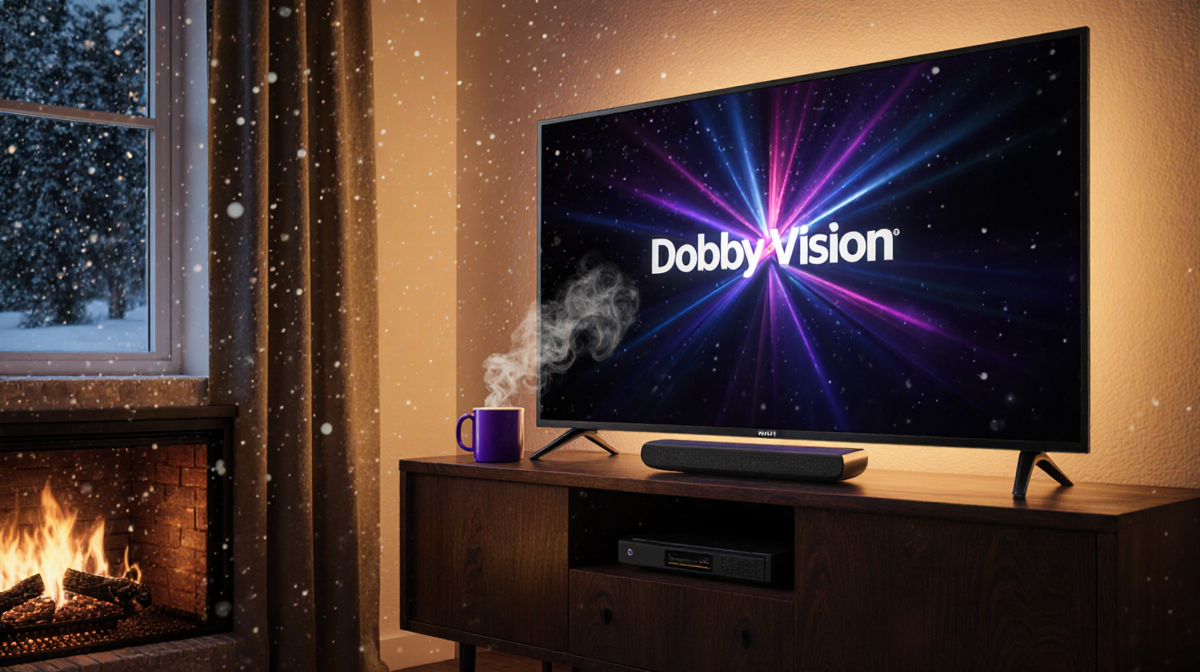 Roku Pro Series TV displaying 4K cinematic movie with warm fireplace glow and steaming cocoa on side table