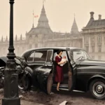 Crashed vintage Rolls-Royce wrapped around lamppost with Queen Elizabeth peeking from door and Buckingham Palace looming thro
