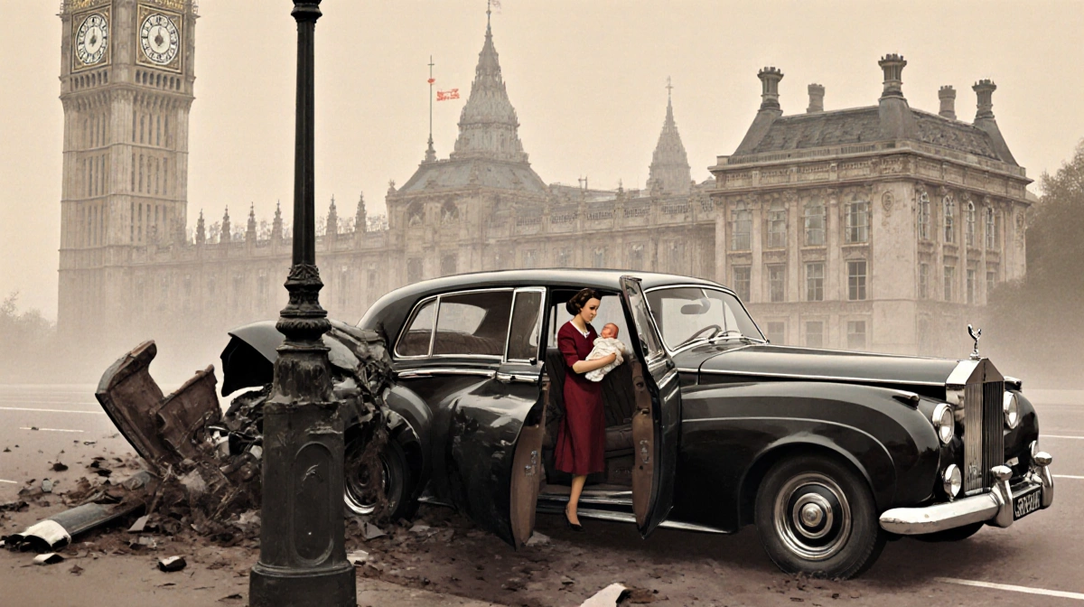 Crashed vintage Rolls-Royce wrapped around lamppost with Queen Elizabeth peeking from door and Buckingham Palace looming thro