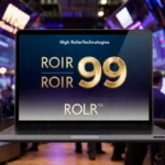 High Roller Technologies logo shines in metallic gold with traders bustling behind and laptop showing ROLR ticker at 99