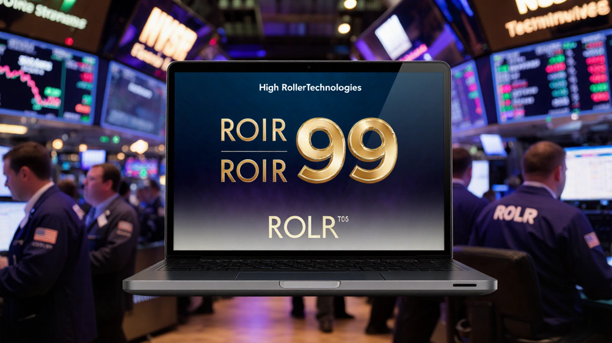 High Roller Technologies logo shines in metallic gold with traders bustling behind and laptop showing ROLR ticker at 99