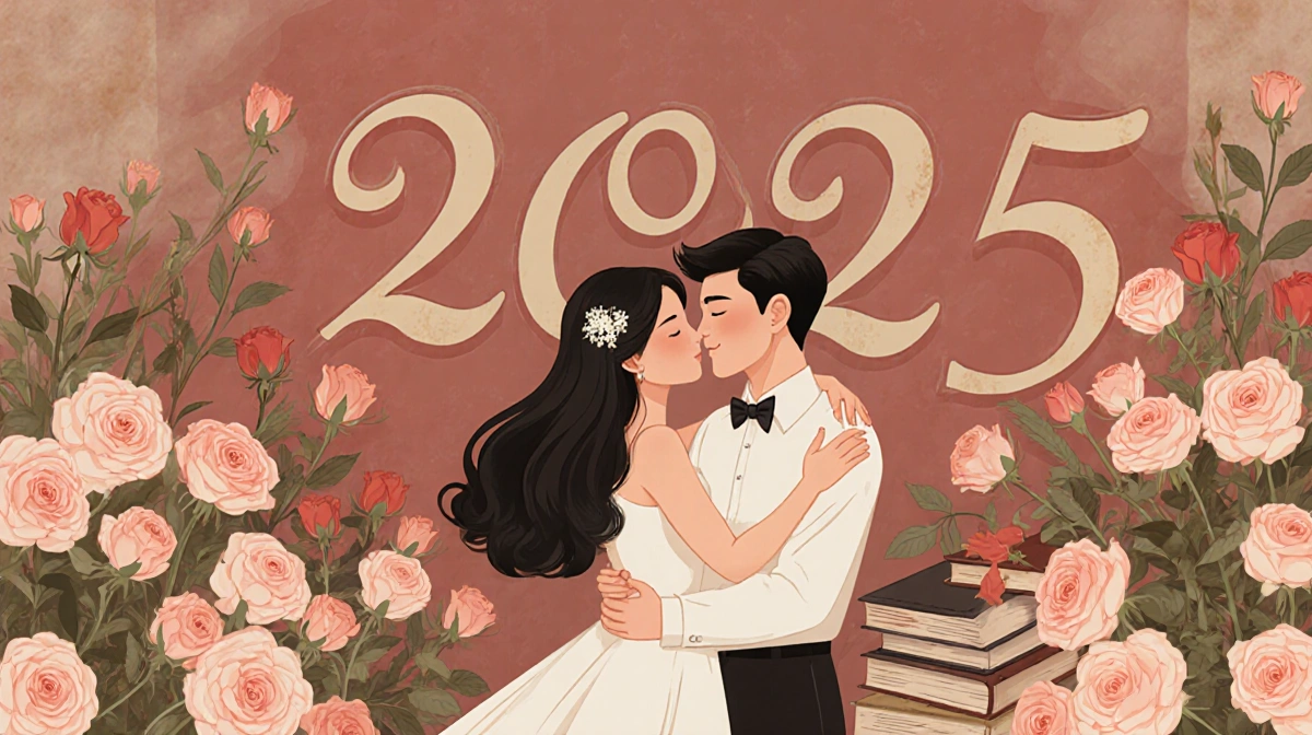 Romantic couple embracing with roses and university books showing their decade-long love journey