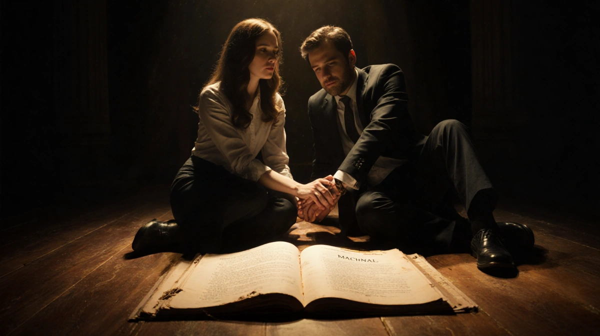 Rebecca Hall and Morgan Spector hold hands while sitting together with open script between them showing romantic connection