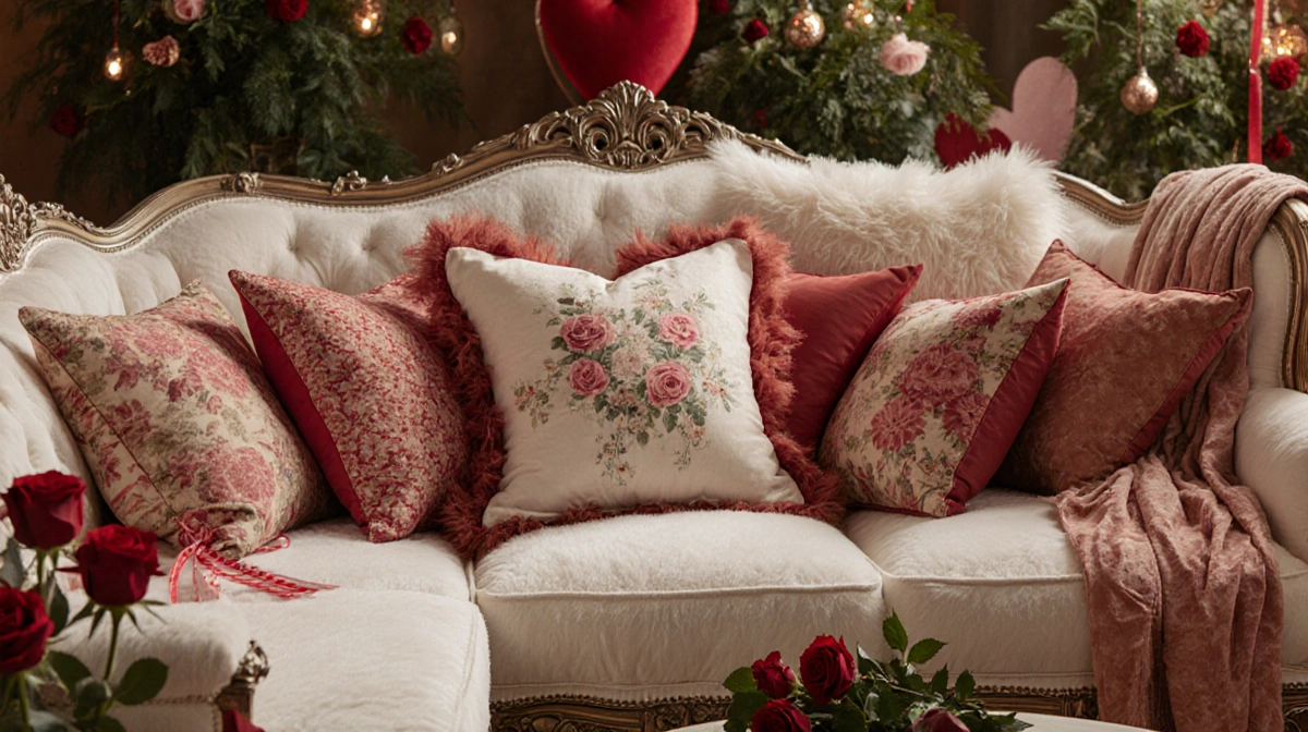 Decorative pillows rest on white sectional sofa with red roses and soft lighting creating romantic ambiance