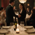 Grace Van Patten and Jackson White sharing a romantic dinner with fine china and candles while a laughing couple smiles nearb