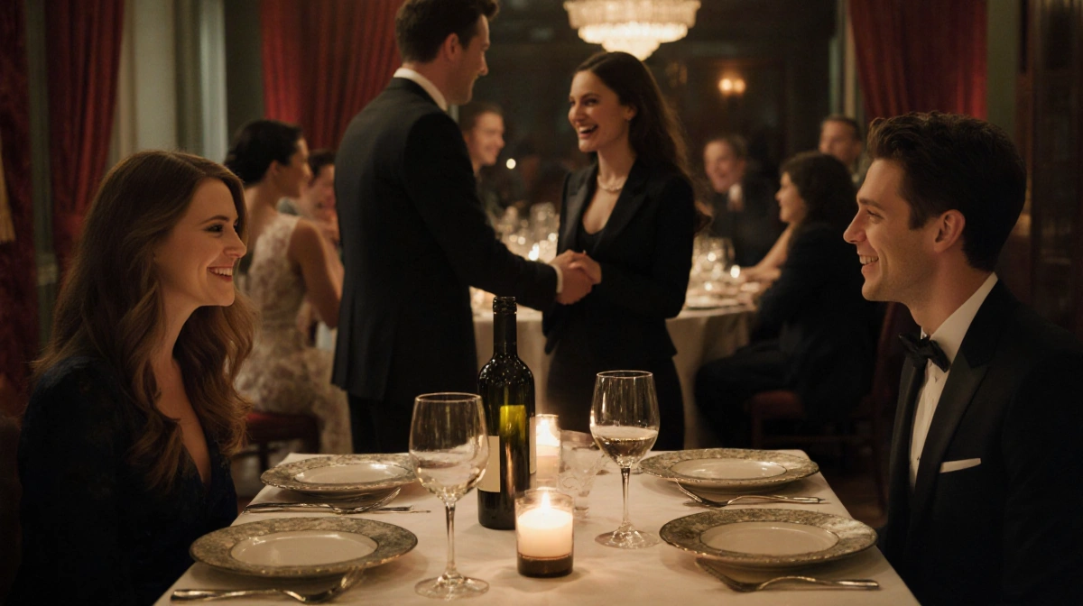 Grace Van Patten and Jackson White sharing a romantic dinner with fine china and candles while a laughing couple smiles nearb