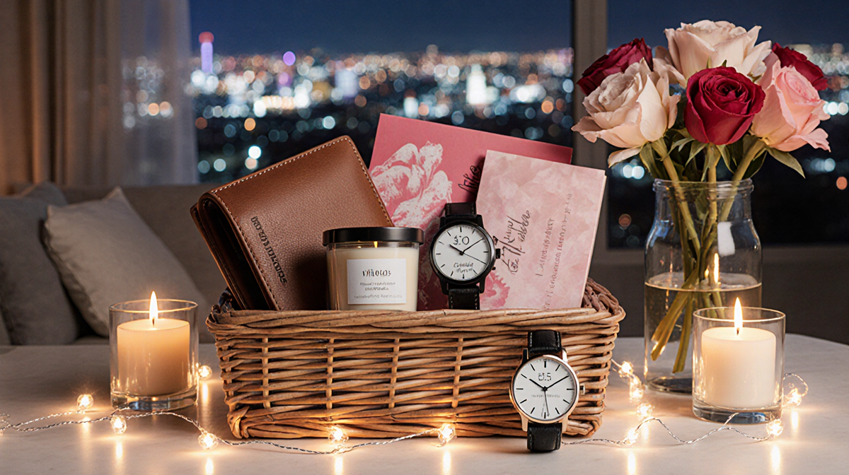 Gift basket arranged with leather wallet candle watch and soft candle glow for a romantic setting