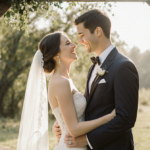 Halley Kate and Reed Williams embracing with soft natural light on their wedding smiles in lush greenery beside a wooden arch