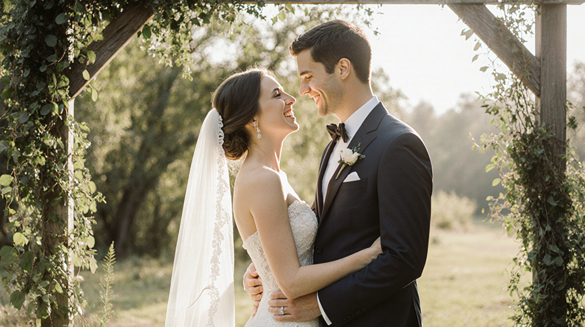 Halley Kate and Reed Williams embracing with soft natural light on their wedding smiles in lush greenery beside a wooden arch