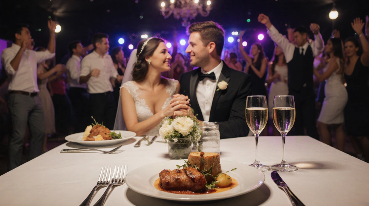 Couple holding hands at romantic dinner table with wedding vows and rings showing while Colombian party celebrations happen b