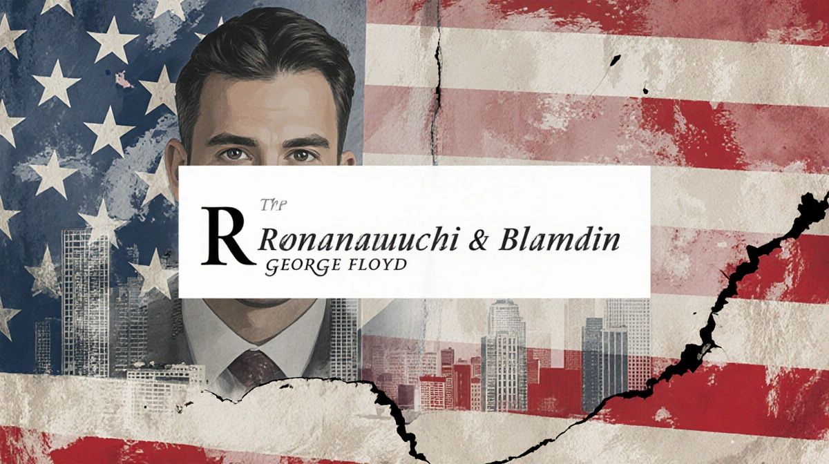 Romanucci & Blandin law firm logo stands beside a torn American flag with Minneapolis skyline showing behind