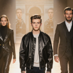 Romeo Beckham walking down the catwalk with his parents watching proudly under warm golden light in Paris fashion show.