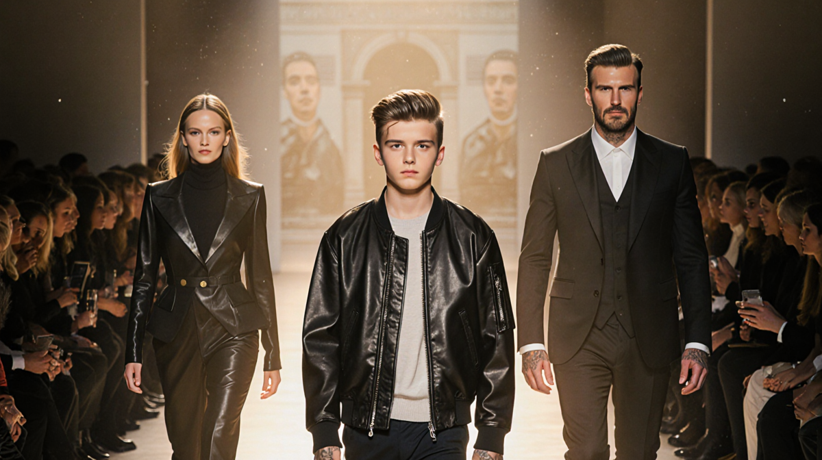Romeo Beckham walking down the catwalk with his parents watching proudly under warm golden light in Paris fashion show.