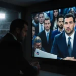 Tony Romo sitting alone before TV replaying his Bills Jaguars commentary with stunned analysts reflected on the screen