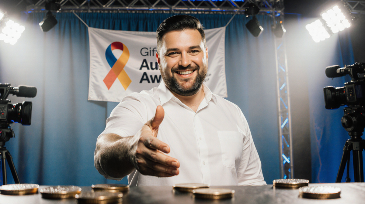 Ron Funches smiles while extending a handshake with a backdrop and an autism awareness banner behind him and coins scattered