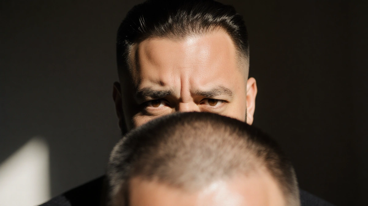 Ron Funches looking embarrassed with thinning hair visible through partially shaved comb-over and soft natural lighting