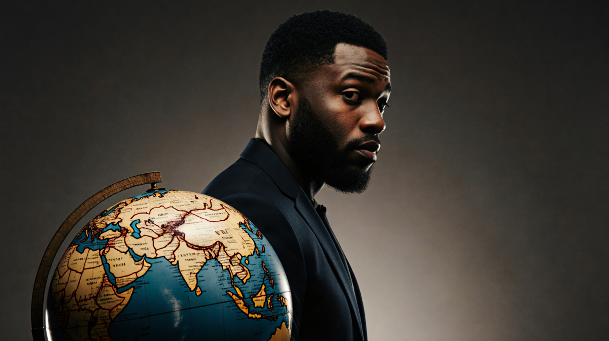 Ron Funches standing confidently with a cracked vintage globe beside him and a warm glow on his determined face