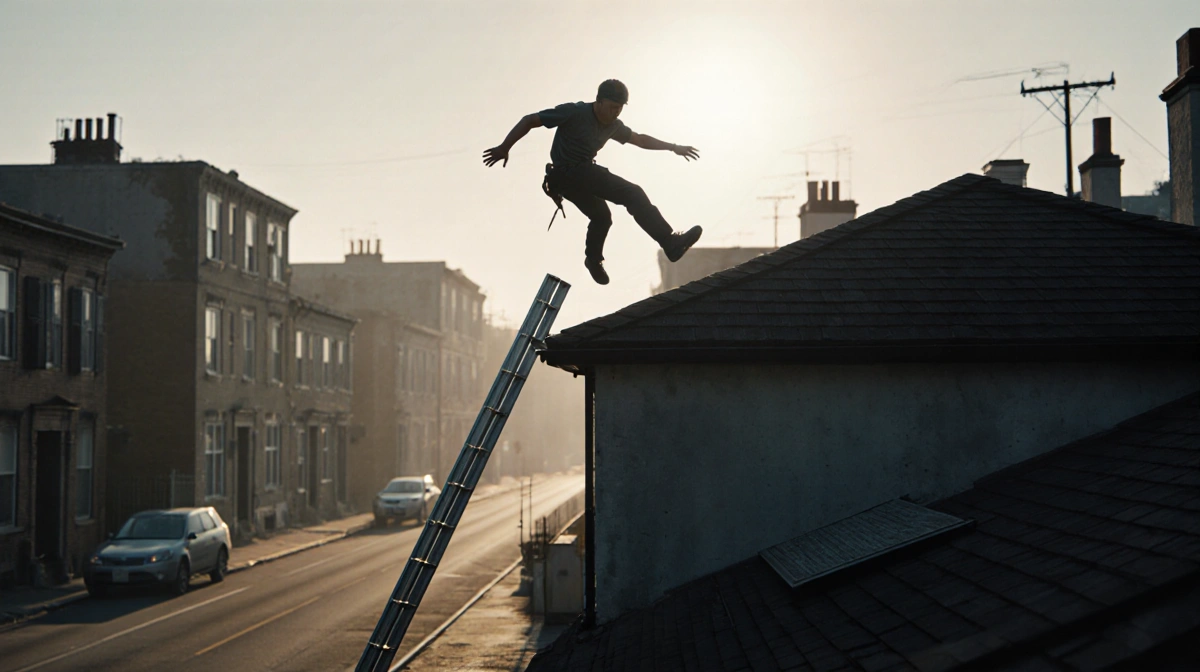 Roofer jumping between rooftops with ladder on ground below and sun casting long shadows across street