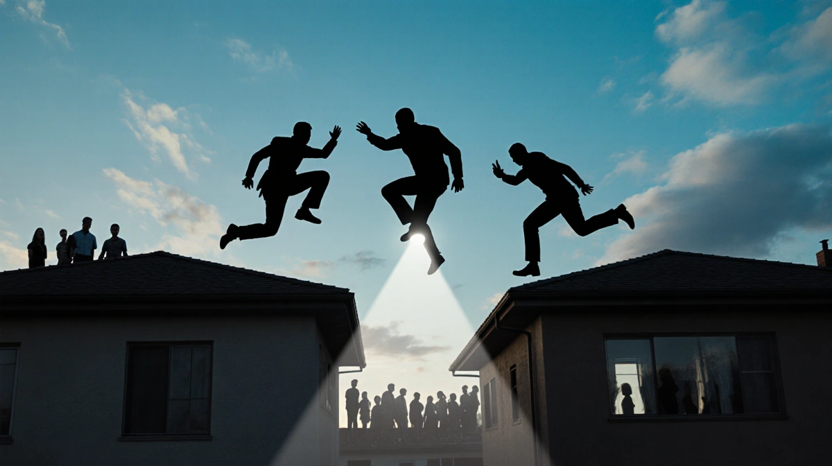 Three roofers jumping between buildings with flashlights casting shadows and worried neighbors watching from windows