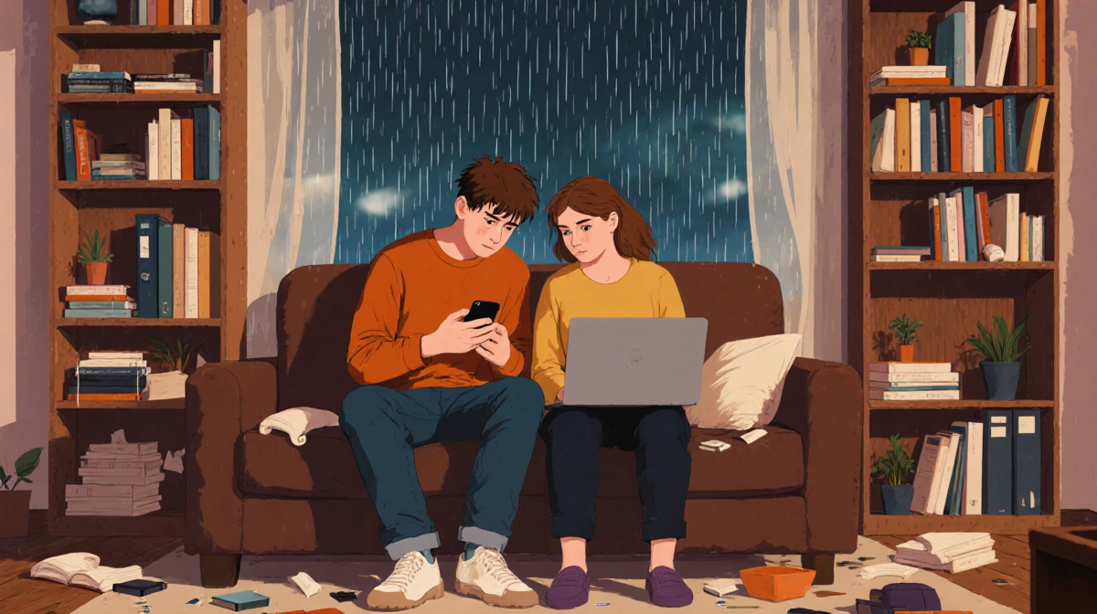 Two roommates sit together on couch with laptop and cluttered bookshelves showing modern partnership stress